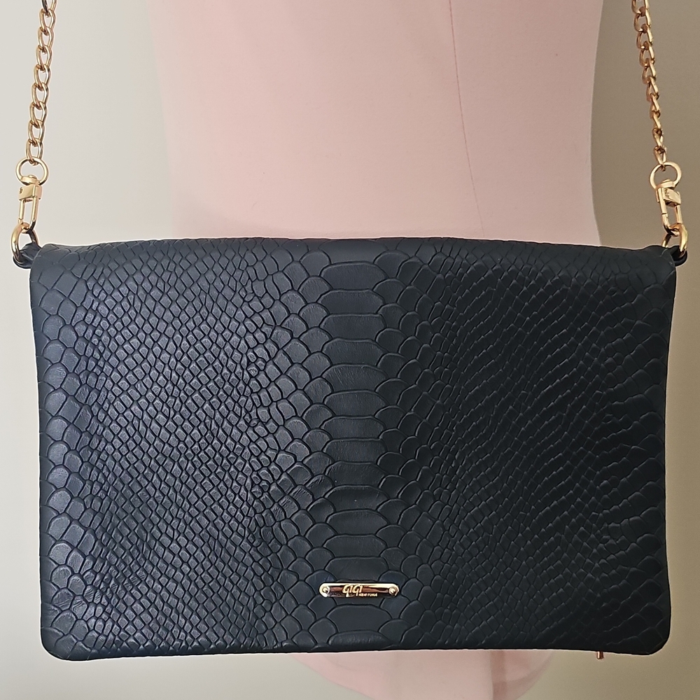 GiGi New York Navy Snake-Embossed Crossbody Bag with Gold Chain